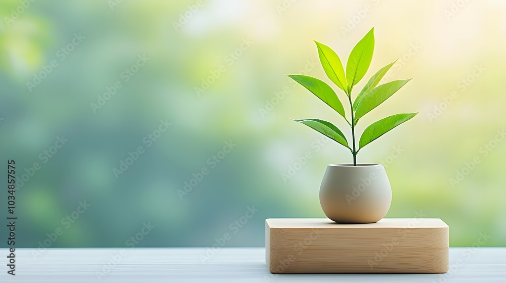 Minimalist Green Plant In White Vase on Wooden Platform Minimalist Green Plant In White Vase on Wooden Platform