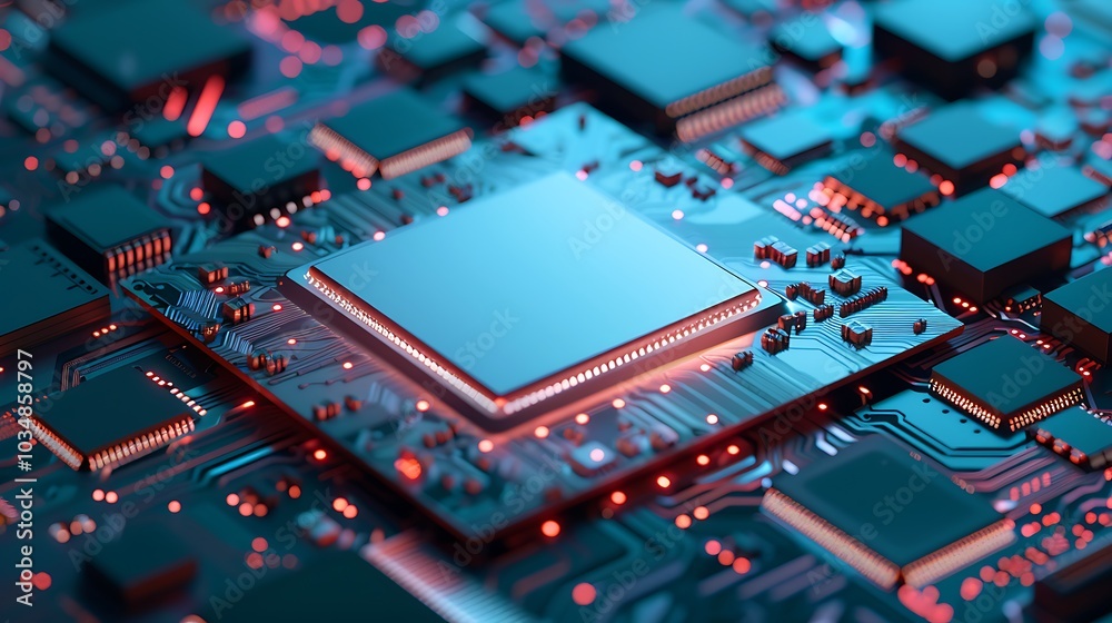 A computer chips and motherboard isolated in the cold background A computer chips and motherboard isolated in the cold background