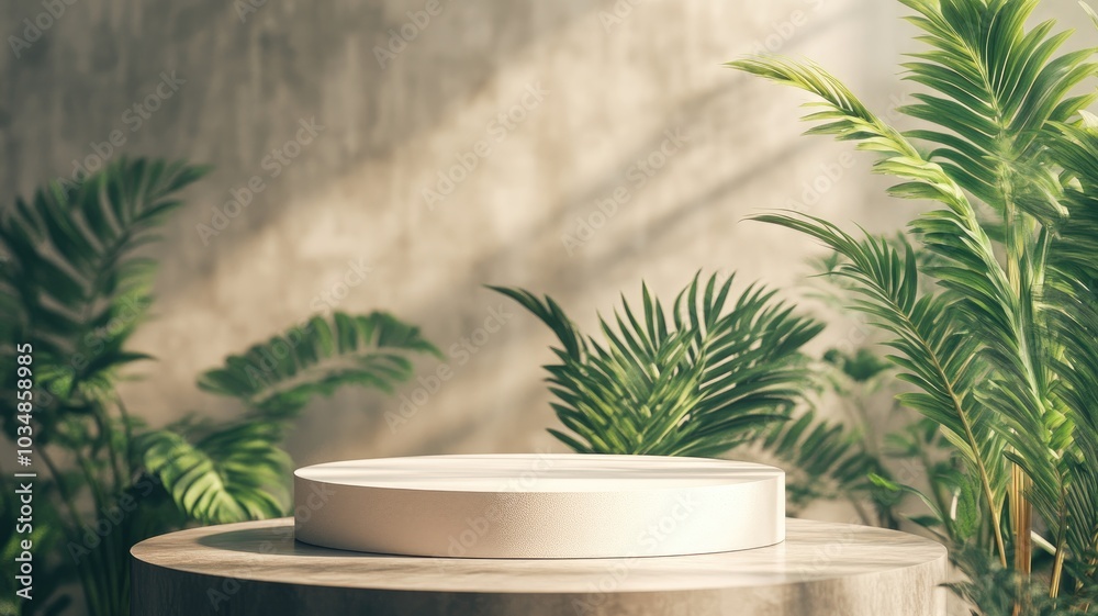 White Circular Platform on Wooden Base with Greenery Background White Circular Platform on Wooden Base with Greenery Background