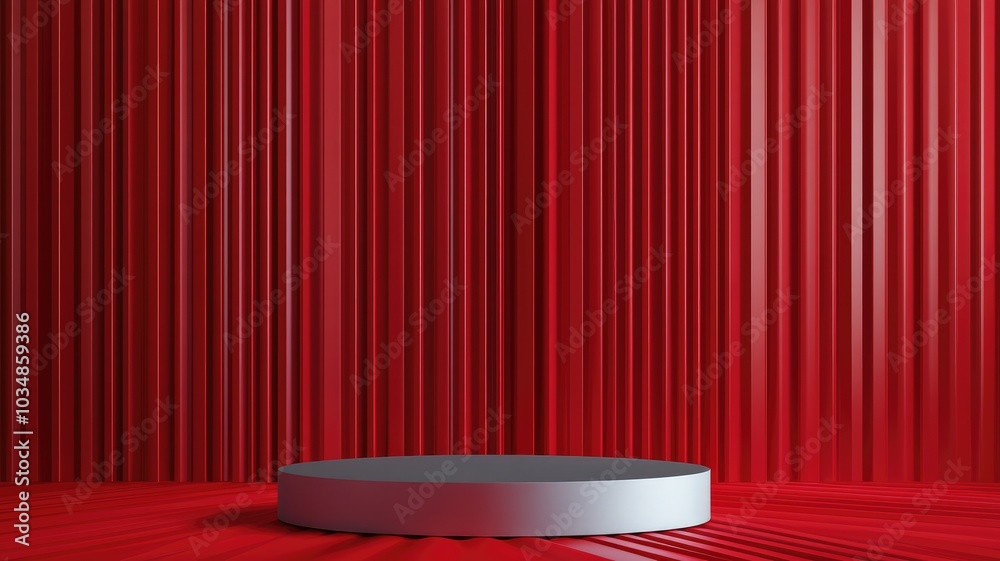 A silver pedestal in front of a red striped background A silver pedestal in front of a red striped background