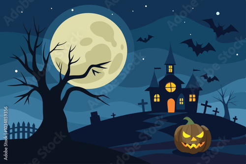 Halloween background with full moon and hunted house - Generative AI
