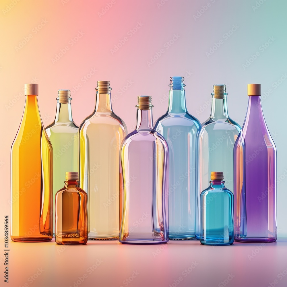 Colorful collection of glass bottles arranged aesthetically in pastel shades on a vibrant background Colorful collection of glass bottles arranged aesthetically in pastel shades on a vibrant background