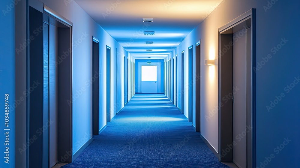A Long Blue Hallway with Doors and a Single Light at the End A Long Blue Hallway with Doors and a Single Light at the End