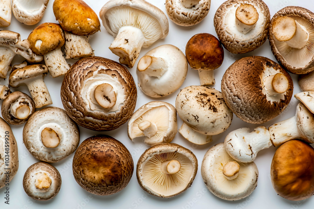 A variety of fresh white button mushrooms and one brown shiitake mushroom, against a pure white background. A variety of fresh white button mushrooms and one brown shiitake mushroom, against a pure white background.