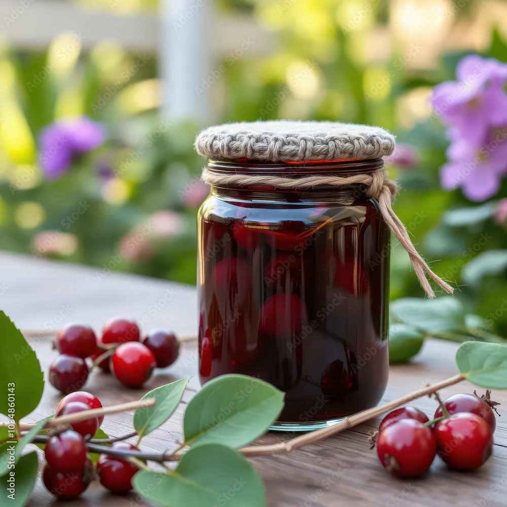 Homemade jam in a jar on the summer garden table Homemade jam in a jar on the summer garden table