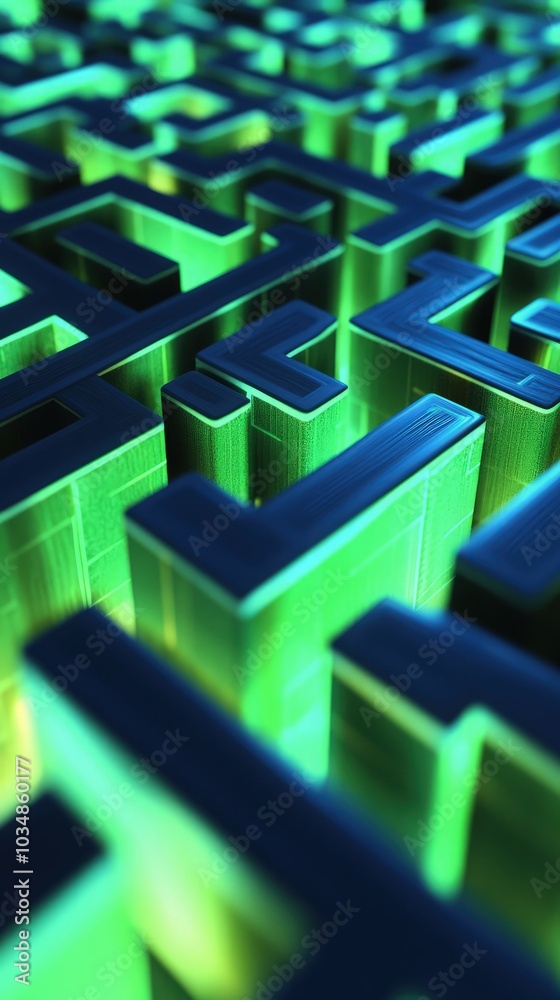 labyrinth maze with glowing green path against blue background for problem-solving concept labyrinth maze with glowing green path against blue background for problem-solving concept