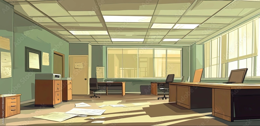 An Empty Office Space with a Desk, a Filing Cabinet, and Papers Scattered on the Floor An Empty Office Space with a Desk, a Filing Cabinet, and Papers Scattered on the Floor
