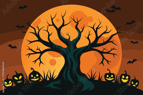 Halloween background with pumpkin and hunted tree - Generative AI