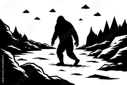 A Bigfoot walking through a wild, rugged landscape of rocks and sparse trees.