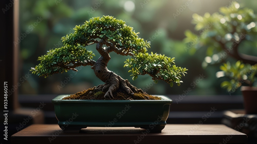 A bonsai tree in a green pot, with sunlight streaming through the window behind it, creating a tranquil scene. A bonsai tree in a green pot, with sunlight streaming through the window behind it, creating a tranquil scene.