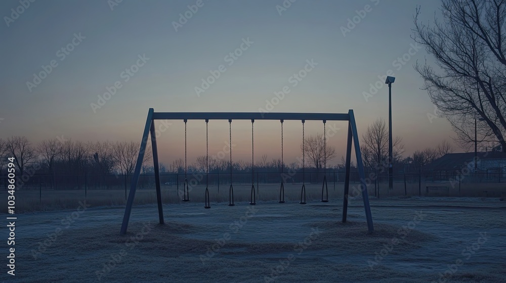 Empty Swing Set at Dusk with Frosted Ground