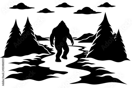 A Bigfoot walking through a wild, rugged landscape of rocks and sparse trees.