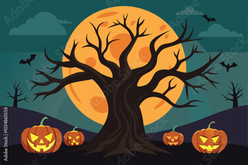 Halloween background with pumpkin and hunted tree - Generative AI