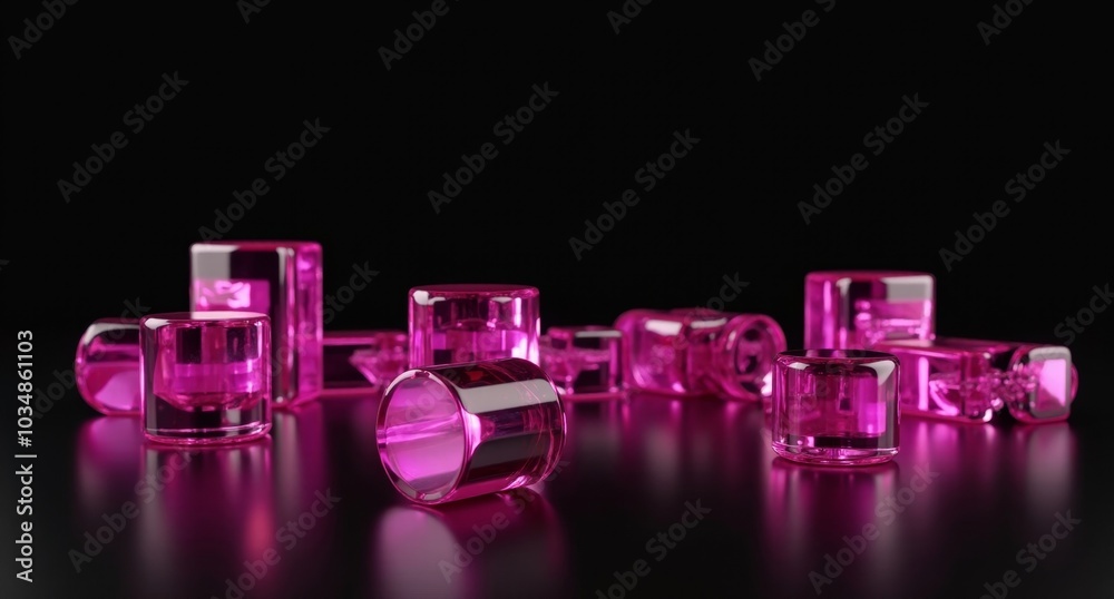 Magenta translucent cylinders against a black background, smoothly polished with a mirror-like surface. A 3D render with high realism and fine details in super HD quality. Magenta translucent cylinders against a black background, smoothly polished with a mirror-like surface. A 3D render with high realism and fine details in super HD quality.