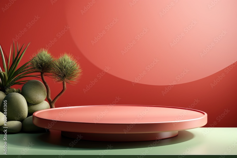 Pink Platform with Green Stones and Plants in Front of Red Wall Pink Platform with Green Stones and Plants in Front of Red Wall