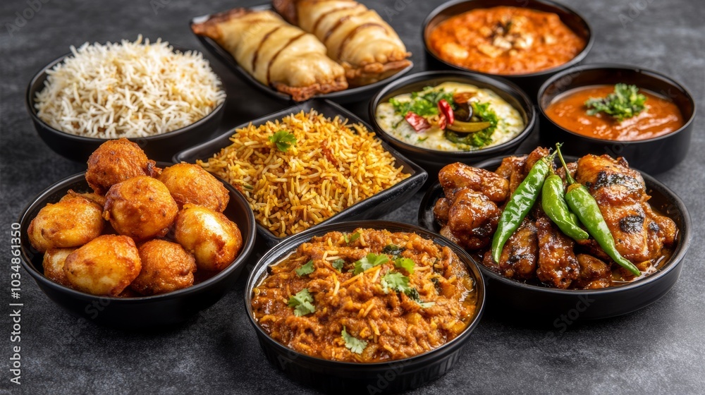 Delicious Indian Food Dishes in Bowls on Dark Background Delicious Indian Food Dishes in Bowls on Dark Background
