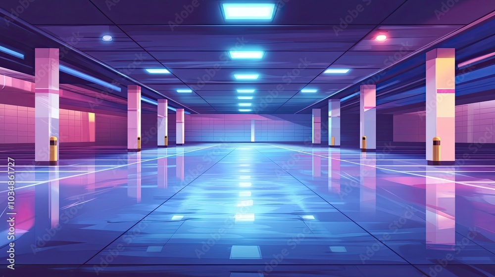 Empty Parking Garage with Neon Lights and Reflective Floor Empty Parking Garage with Neon Lights and Reflective Floor
