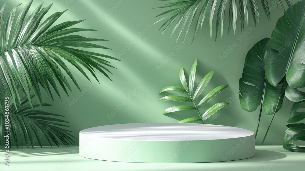 Green Minimalist Podium with Tropical Leaves Green Minimalist Podium with Tropical Leaves