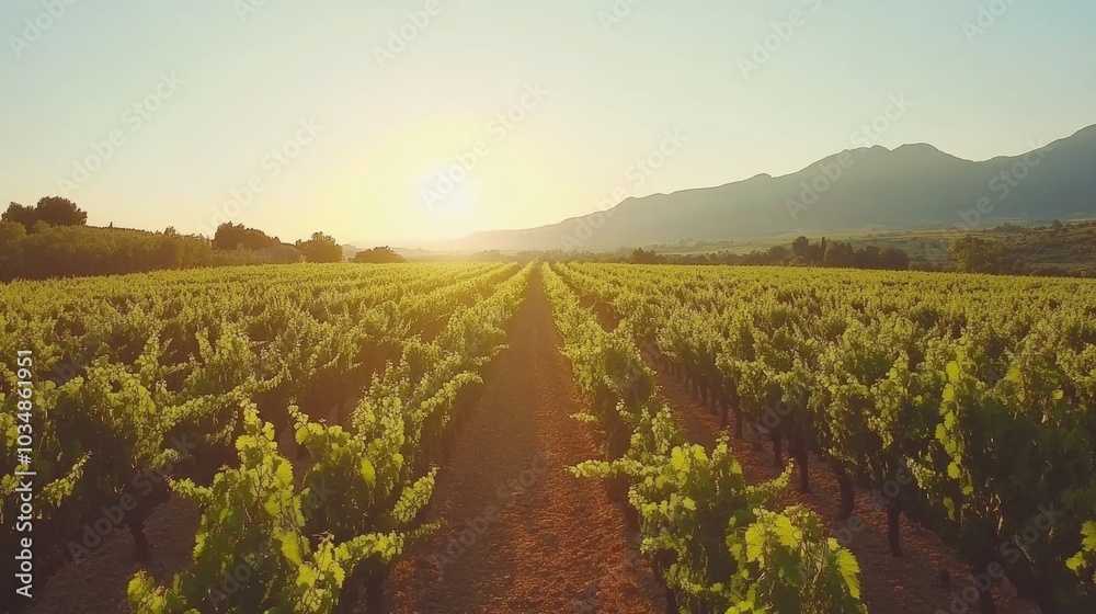 Fototapeta premium Vineyard Rows at Sunset with Mountain View