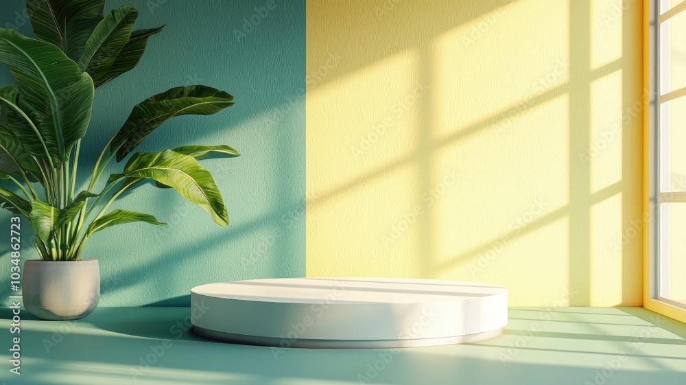 White Circular Platform with Plant in a Room with Green and Yellow Walls White Circular Platform with Plant in a Room with Green and Yellow Walls