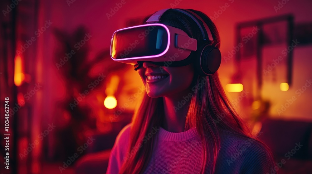 Woman Experiencing Virtual Reality with VR Headset in Futuristic Neon Lighting Environment