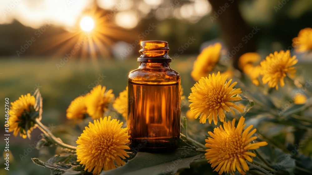 Dandelion Oil Bottle in Sunlit Meadow Herbal Remedy Natural Wellness Alternative Medic Dandelion Oil Bottle in Sunlit Meadow Herbal Remedy Natural Wellness Alternative Medic