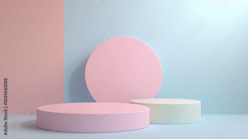 Abstract Minimalist Scene with Pink and Blue Cylinders and a Pink Circle Abstract Minimalist Scene with Pink and Blue Cylinders and a Pink Circle