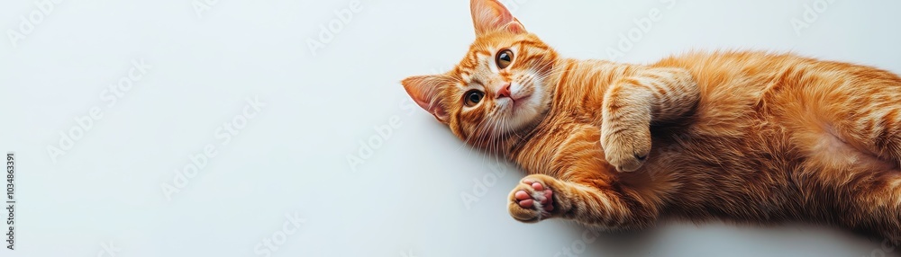 Playful Ginger Cat Relaxing on White Background with Curious Expression and Paws Up Playful Ginger Cat Relaxing on White Background with Curious Expression and Paws Up