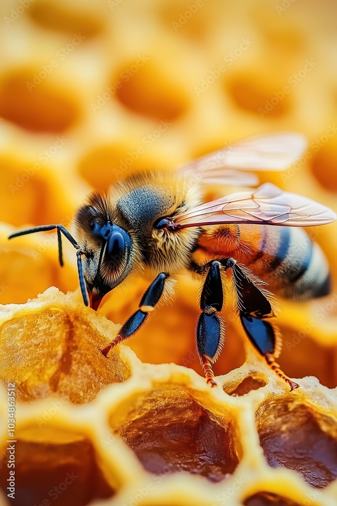 Close-Up of a Honeybee on Honeycomb with Detailed Texture and Vibrant Colors in a Natural Setting Close-Up of a Honeybee on Honeycomb with Detailed Texture and Vibrant Colors in a Natural Setting