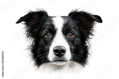 A close-up illustration of a black and white dog, likely a border collie, with expressive eyes and a soft texture.