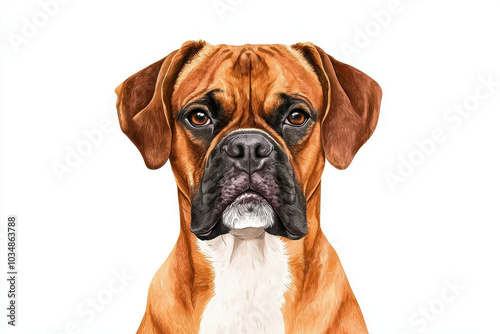 A realistic illustration of a Boxer dog with a focused expression, showcasing its distinctive features and vibrant fur colors.