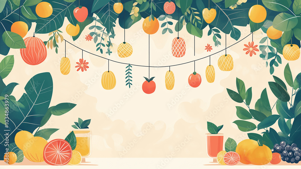 A flat illustration of a simple sukkah with colorful decorations like fruits and paper chains, representing the Second Day of Sukkot