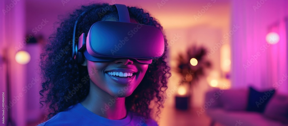 Woman Enjoying Virtual Reality Experience in Modern Living Room with Neon Lighting and Futuristic Ambiance Woman Enjoying Virtual Reality Experience in Modern Living Room with Neon Lighting and Futuristic Ambiance