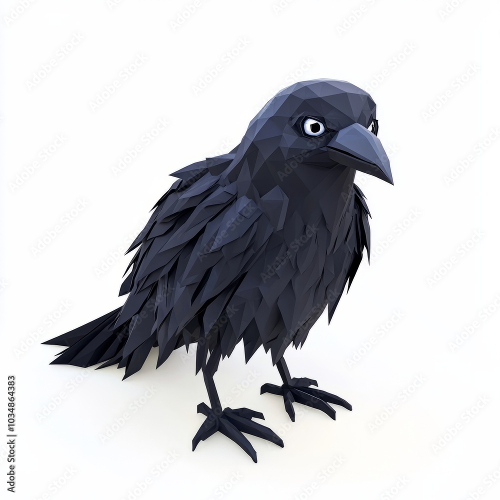 Obraz premium 3D Render, Low Poly style of a spooky raven with dark feathers and piercing eyes, on isolated white background