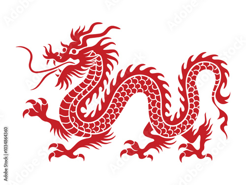 Traditional Red Chinese Dragon Silhouette with Zodiac Symbol and Crawling Details – Celebrating Lunar New Year in Asian Culture