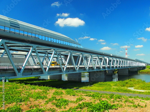 江戸川に架かる秋の葛飾大橋と東京外環自動車道風景 photo