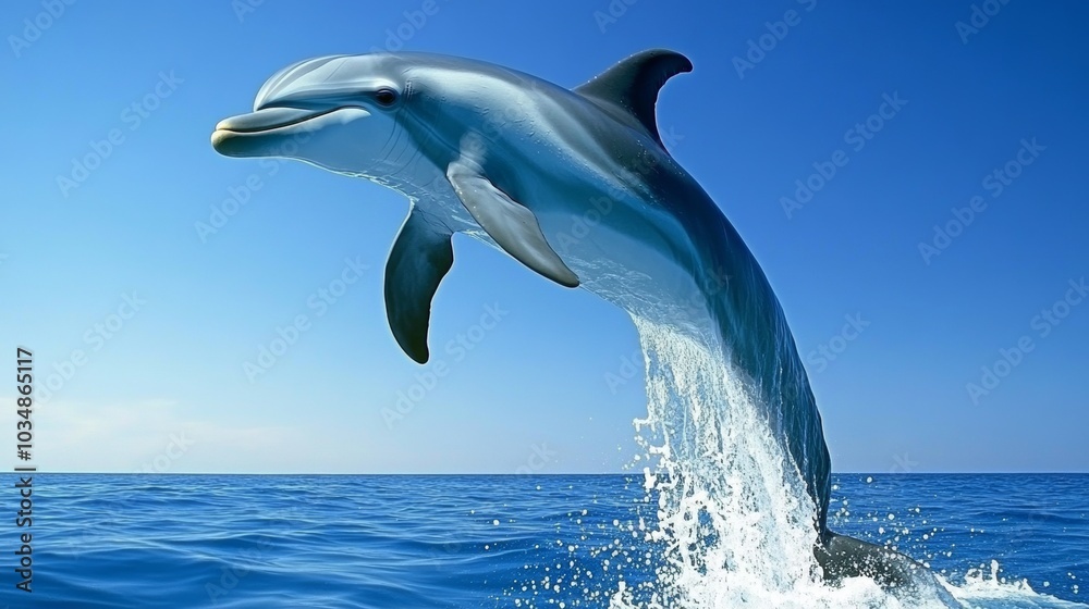 Obraz premium Dolphin Leaping Out of Water with Splash and Blue Sky
