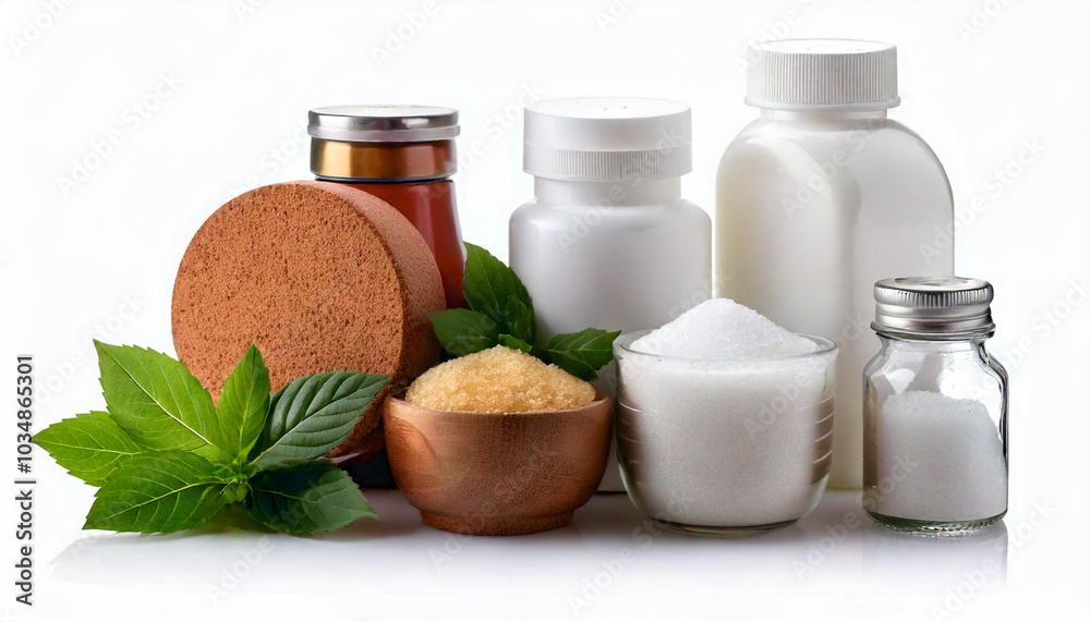 Products for sugar and sweetener isolated on white background Products for sugar and sweetener isolated on white background