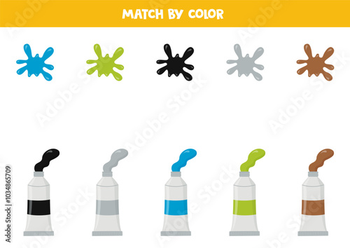 Color matching game for preschool kids. Match paint splashes and paint tubes by colors.