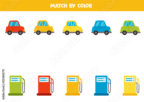 Color matching game for preschool kids. Match cars and gas stations by colors.