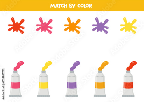 Color matching game for preschool kids. Match paint splashes and paint tubes by colors.