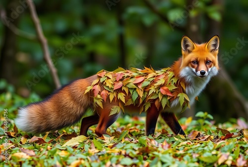 Leaf Fox A cunning fox with a bushy tail and a body covered in l photo