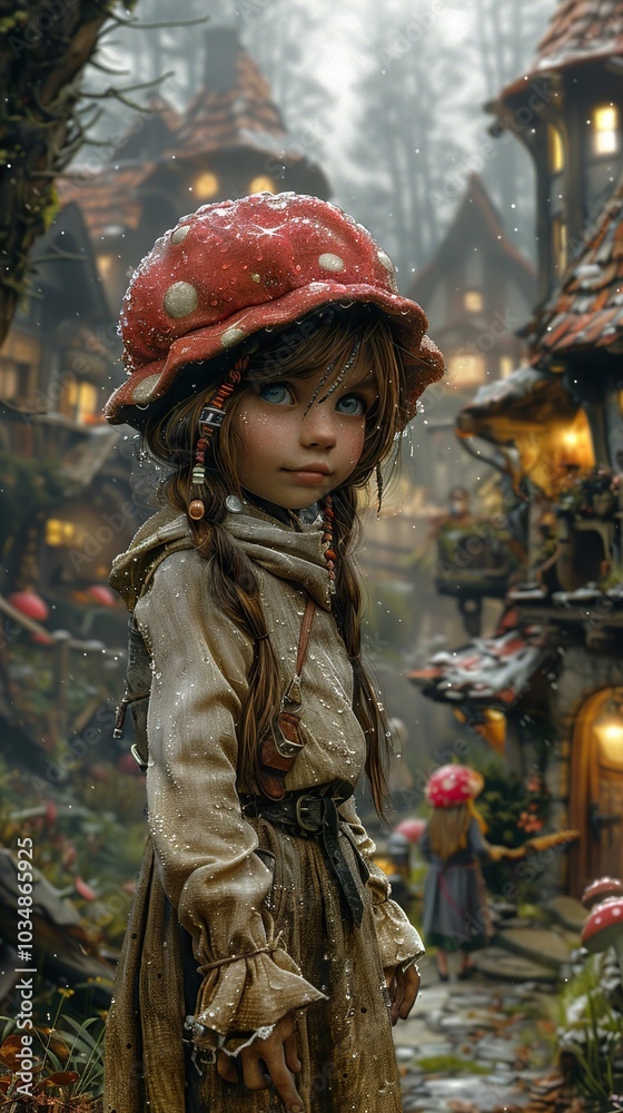 Fantasy Girl with Mushroom Hat in a Rain-Soaked Village Fantasy Girl with Mushroom Hat in a Rain-Soaked Village