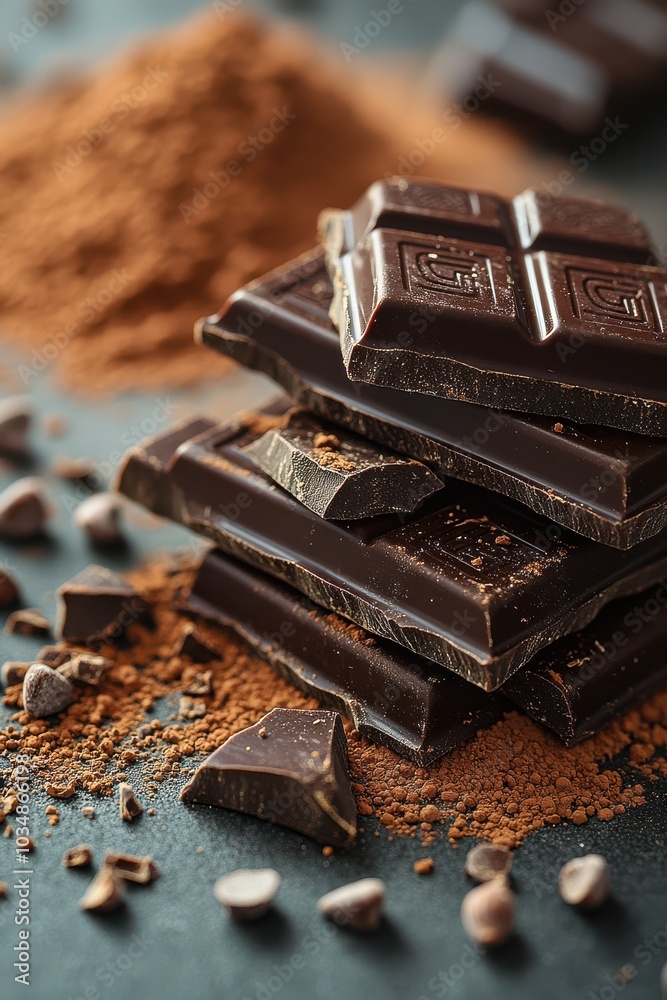 Dark chocolate and cocoa powder on a fuzzy concrete background Dark chocolate and cocoa powder on a fuzzy concrete background
