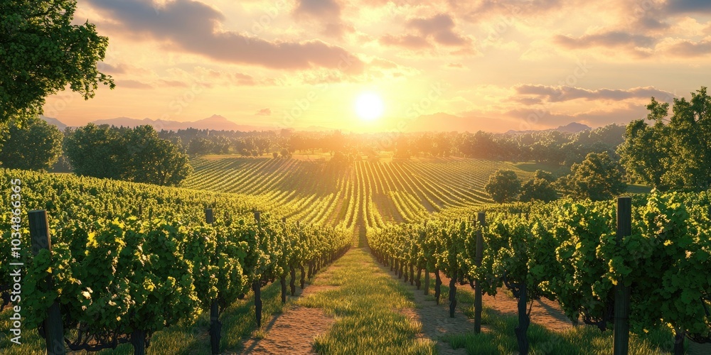 Fototapeta premium Vineyard landscape in a serene setting, Serene vineyard landscape