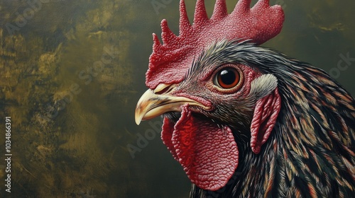 Close up oil painting of a rooster head showcasing a unique chicken breed known for its distinctive naked neck features photo