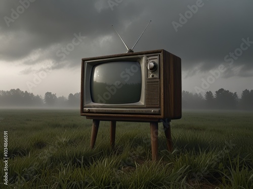 Vintage Television in a Foggy Field