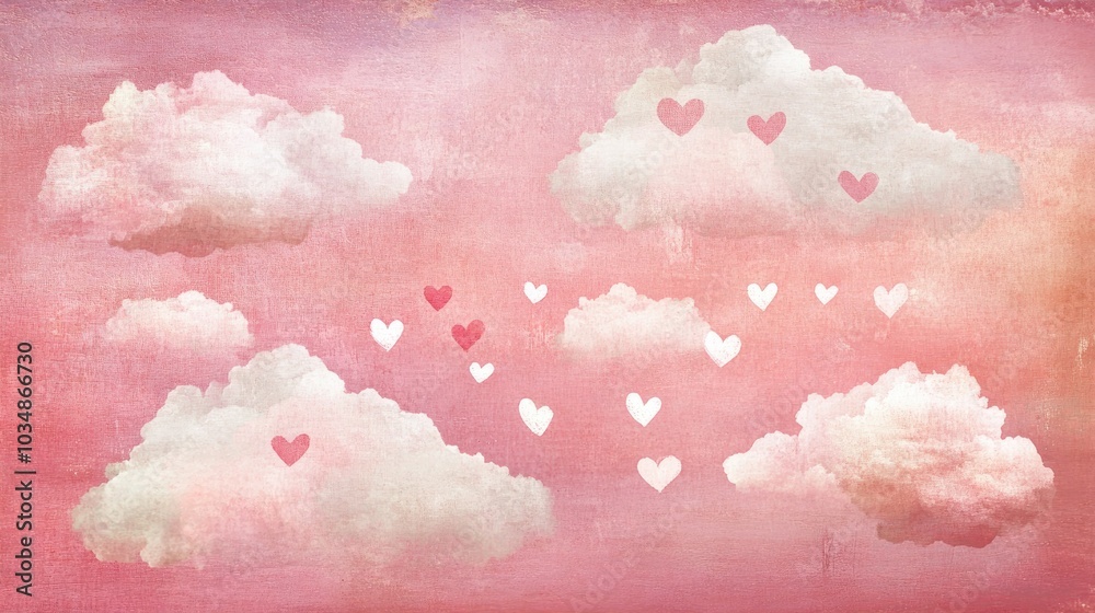 Fototapeta premium Artistic depiction of clouds and hearts celebrating the arrival of a baby girl in soft pink tones