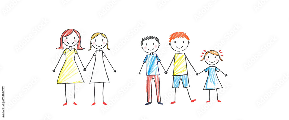 kid drawing stick figure family holding hands in line doodle style kid drawing stick figure family holding hands in line doodle style