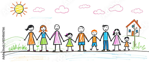 kid drawing stick figure family holding hands in line doodle style